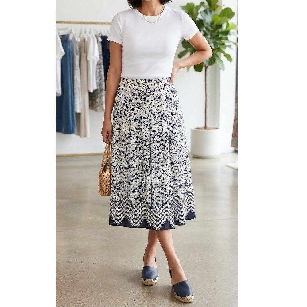 Talbots Navy Blue Daisy Floral Midi Skirt A-Line Size 6 Floral